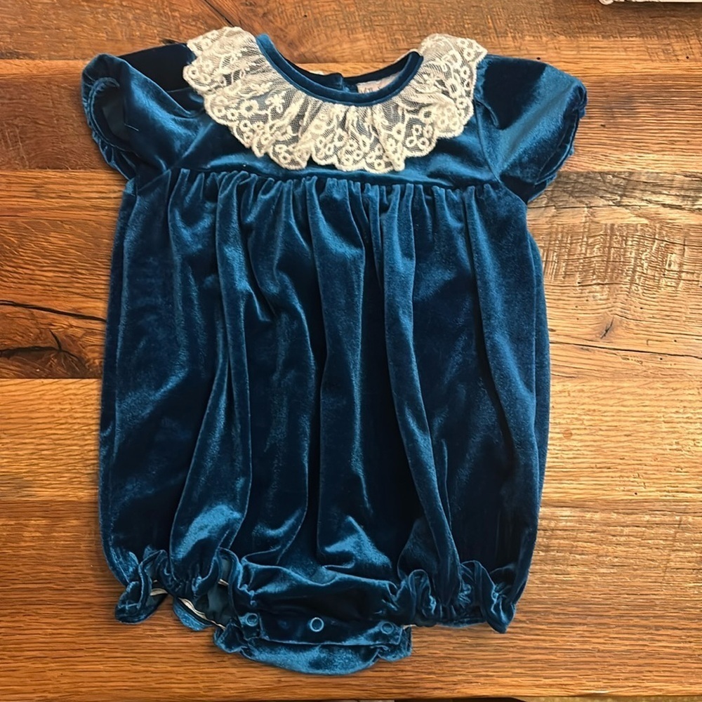 The smocking place Velvet blue Christmas Bubble onesie with lace trim